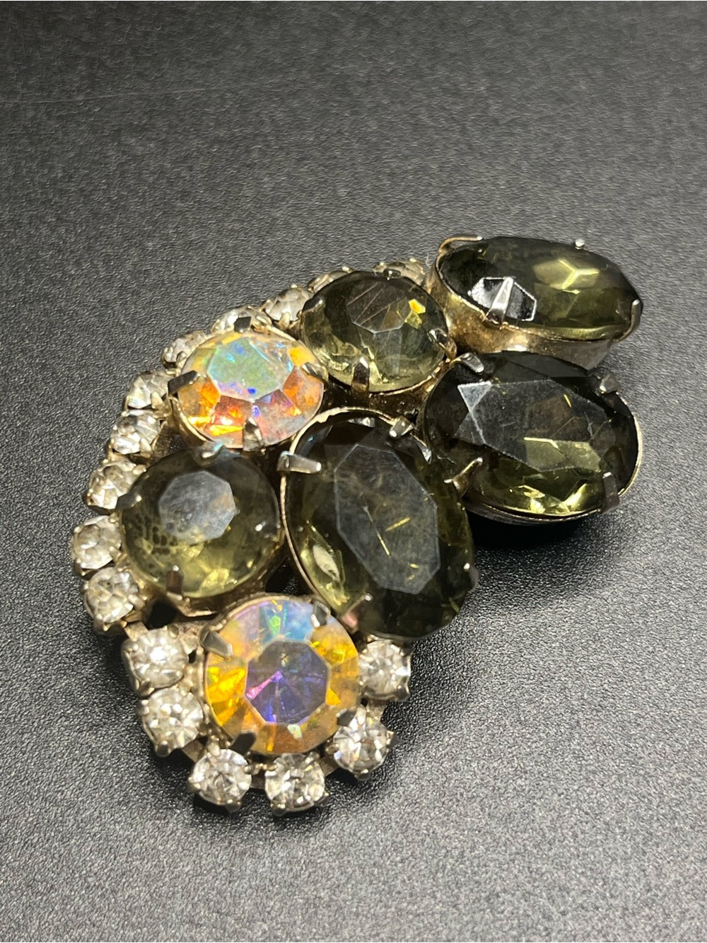 Vintage Glass Rhinestone Brooch Smoky Green Aurora Borealis